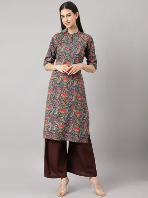 Jashvi Blue and Red Cotton Katha work Straight Kurta