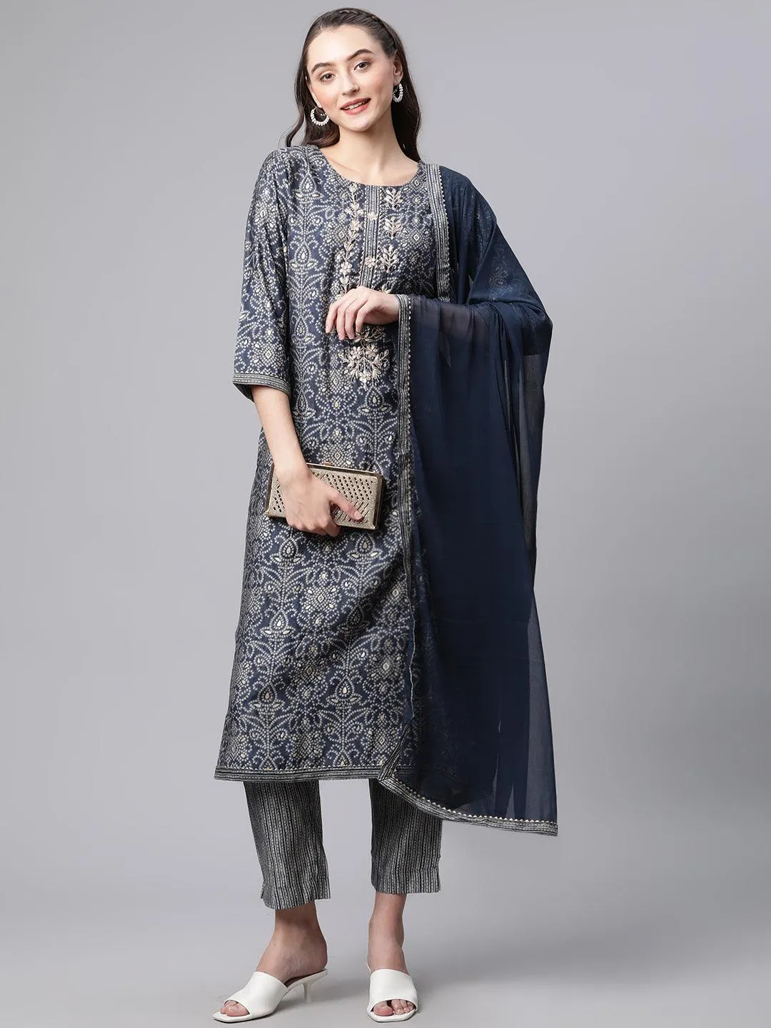 Jashvi Blue Bandhani Print Chanderi Kurta pant set With Dupatta