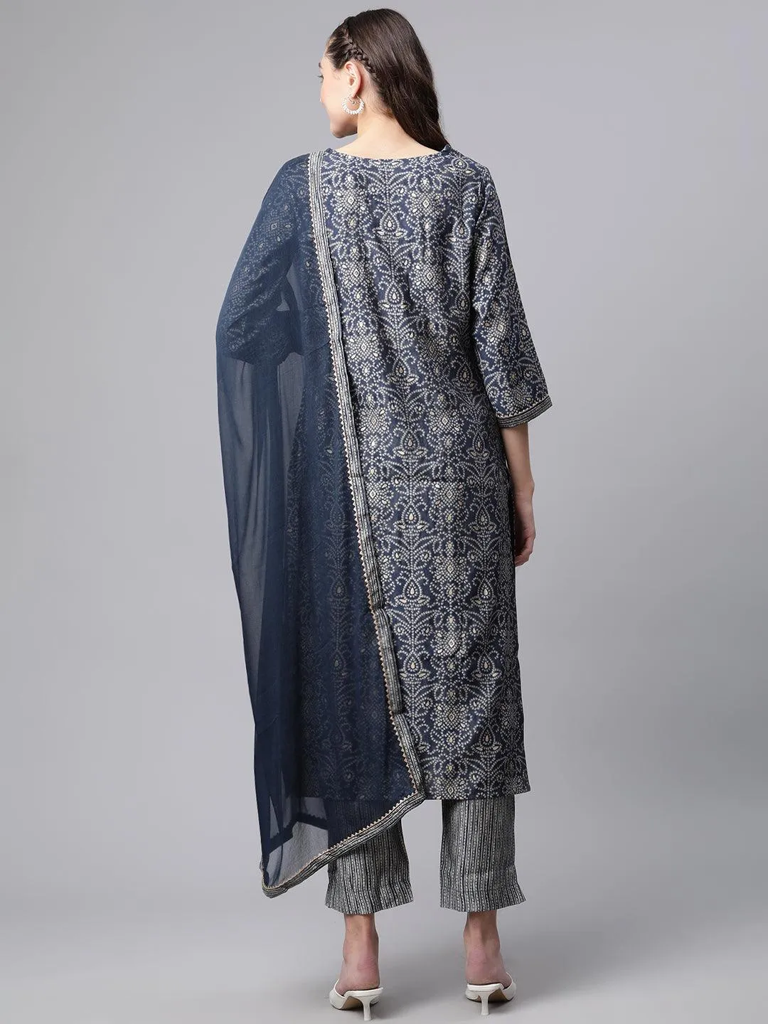 Jashvi Blue Bandhani Print Chanderi Kurta pant set With Dupatta