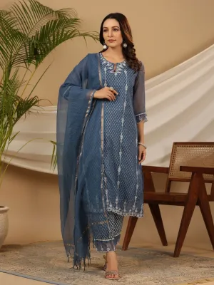 Jashvi Blue Cotton & Kota Doria Layered Kurta With Pants And Dupatta Set With Thread Embroidery (3-Pcs)