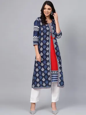 Jashvi Blue Cotton & Rayon A-line Kurti