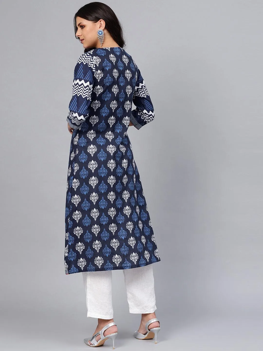 Jashvi Blue Cotton & Rayon A-line Kurti