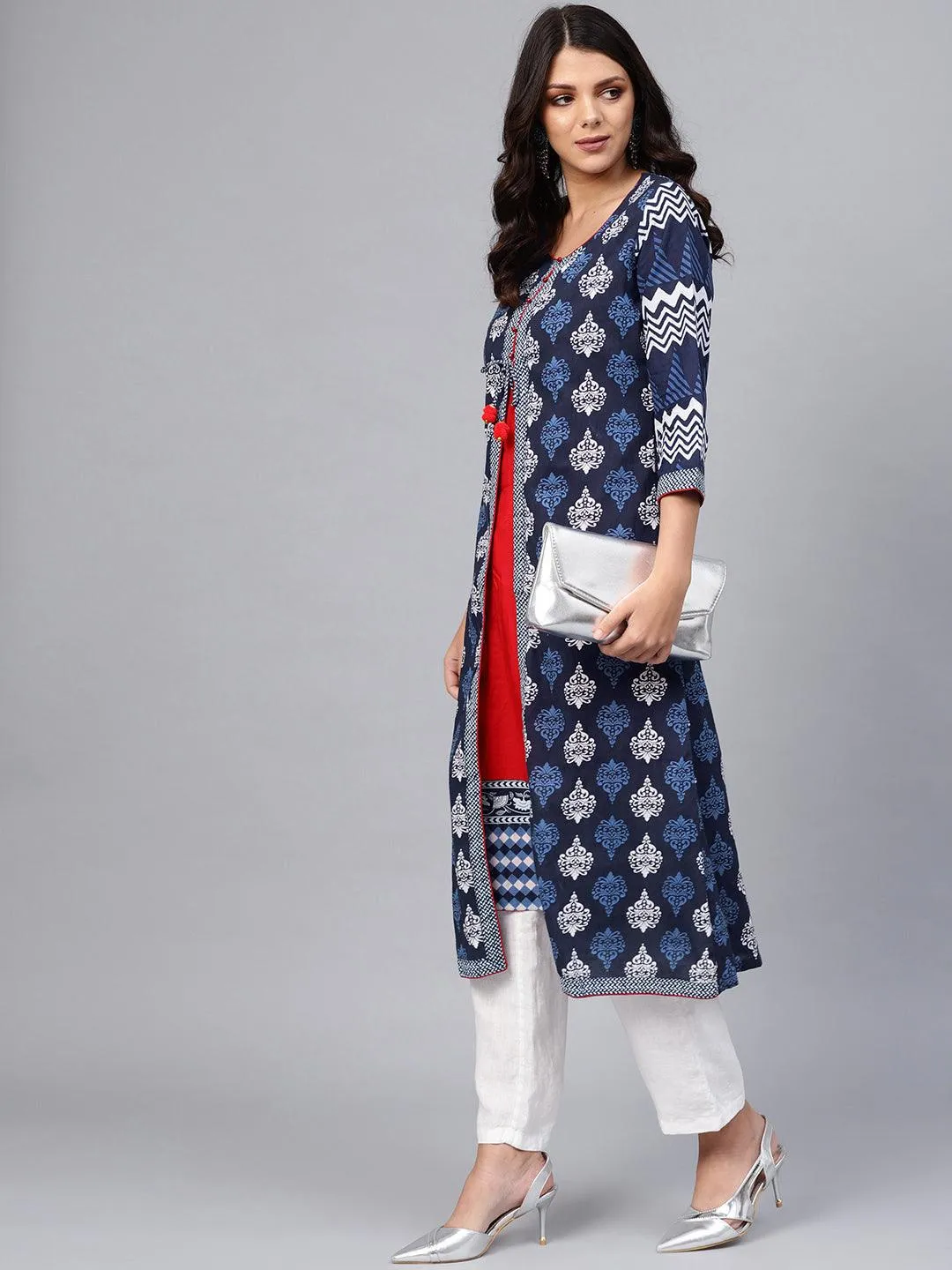 Jashvi Blue Cotton & Rayon A-line Kurti