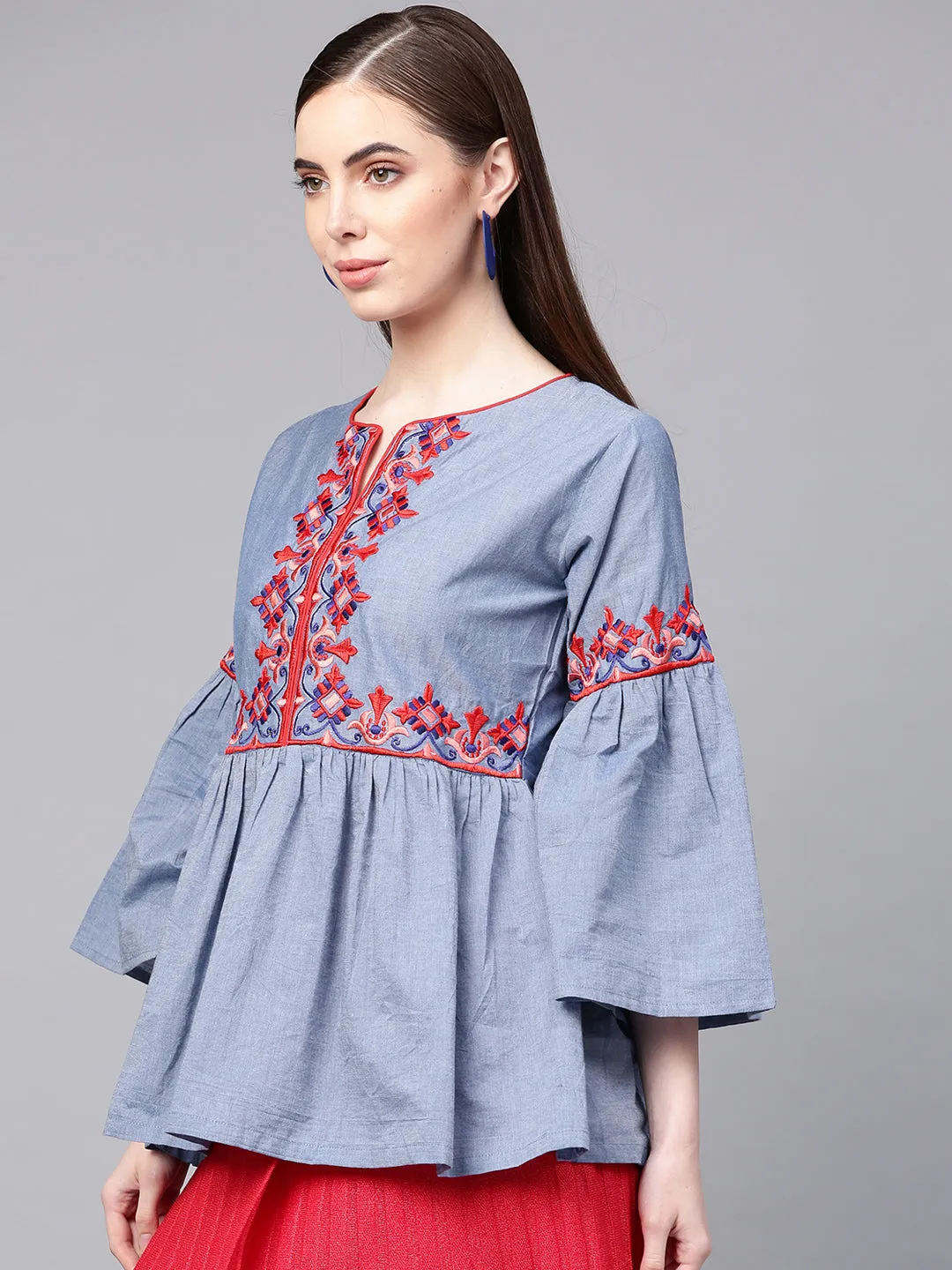 Jashvi Blue Embroidered A-Line Top