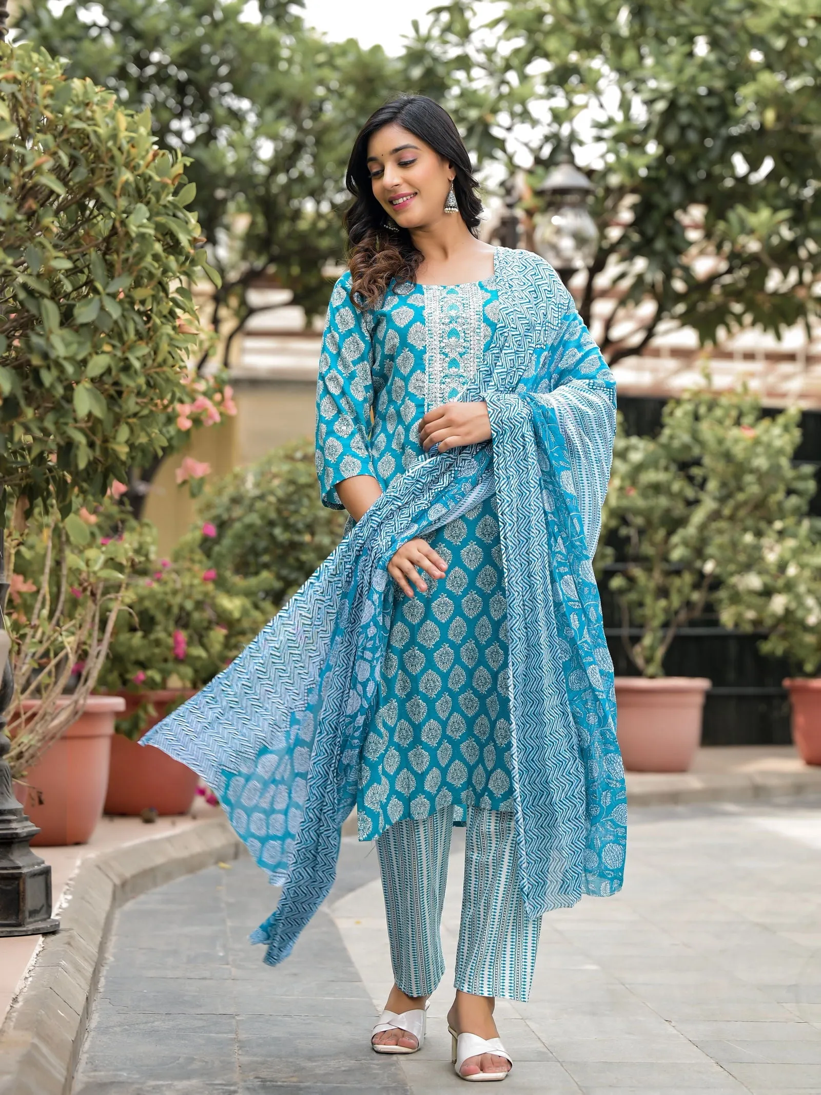 Jashvi Blue Ethnic Motif Printed Cotton Kurta, Pant And Dupatta Set With Zari Work