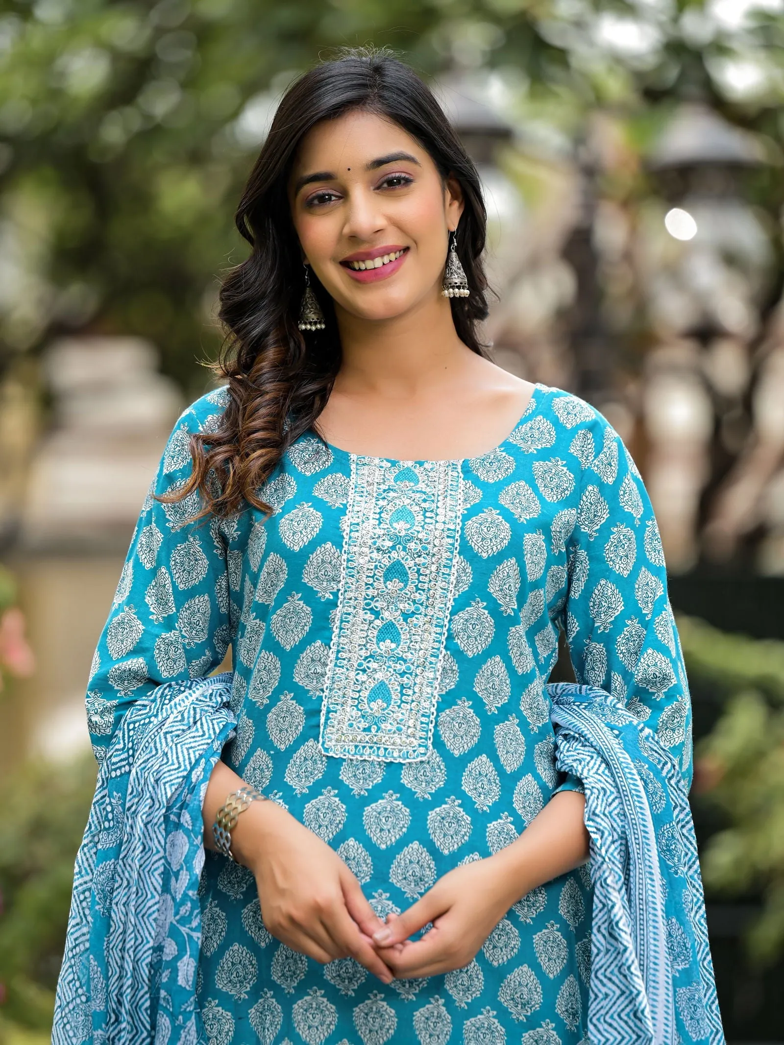 Jashvi Blue Ethnic Motif Printed Cotton Kurta, Pant And Dupatta Set With Zari Work