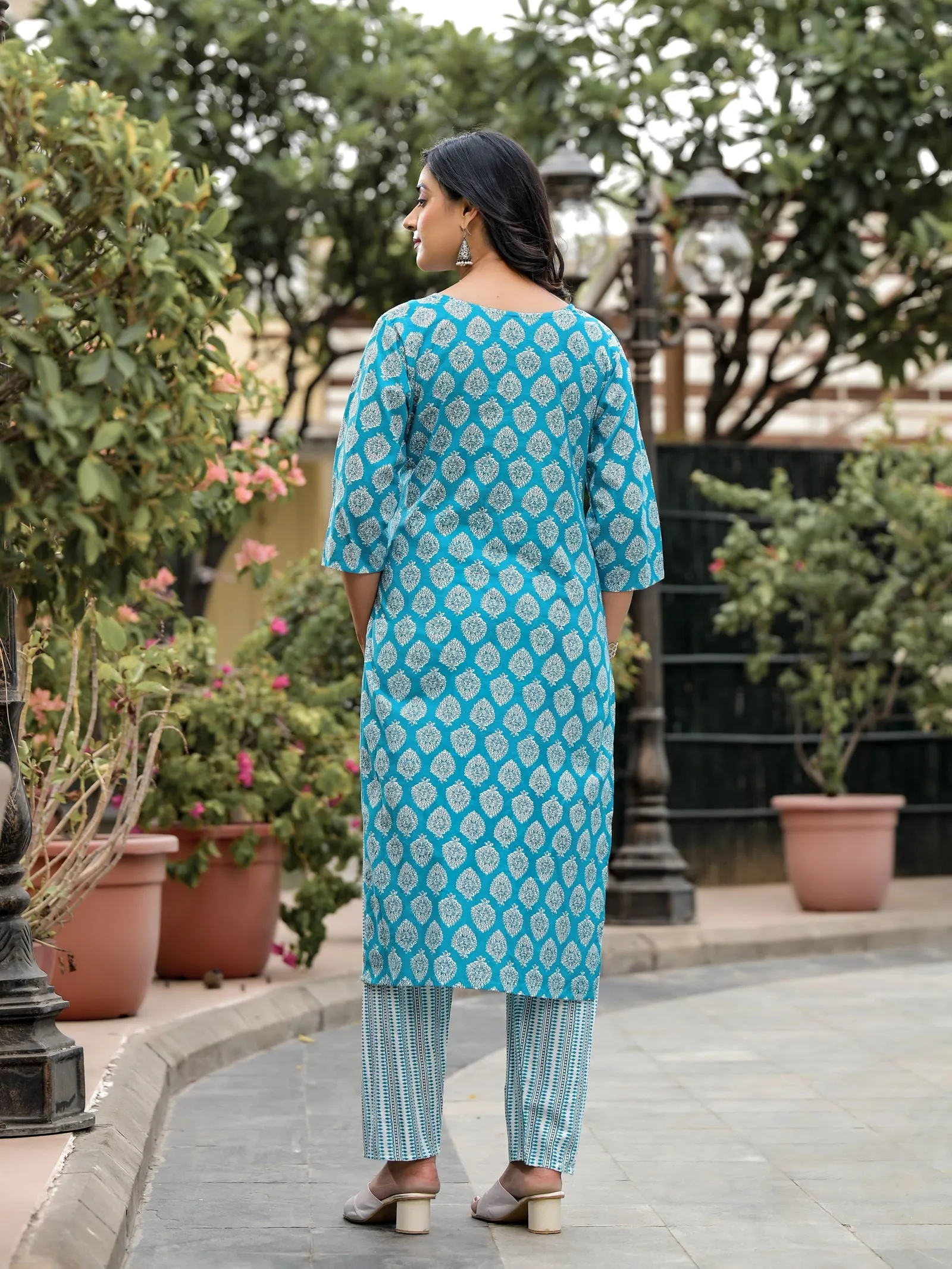 Jashvi Blue Ethnic Motif Printed Cotton Kurta, Pant And Dupatta Set With Zari Work