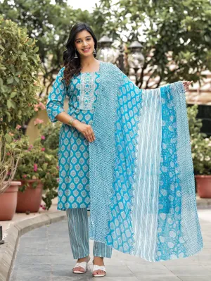 Jashvi Blue Ethnic Motif Printed Cotton Kurta, Pant And Dupatta Set With Zari Work