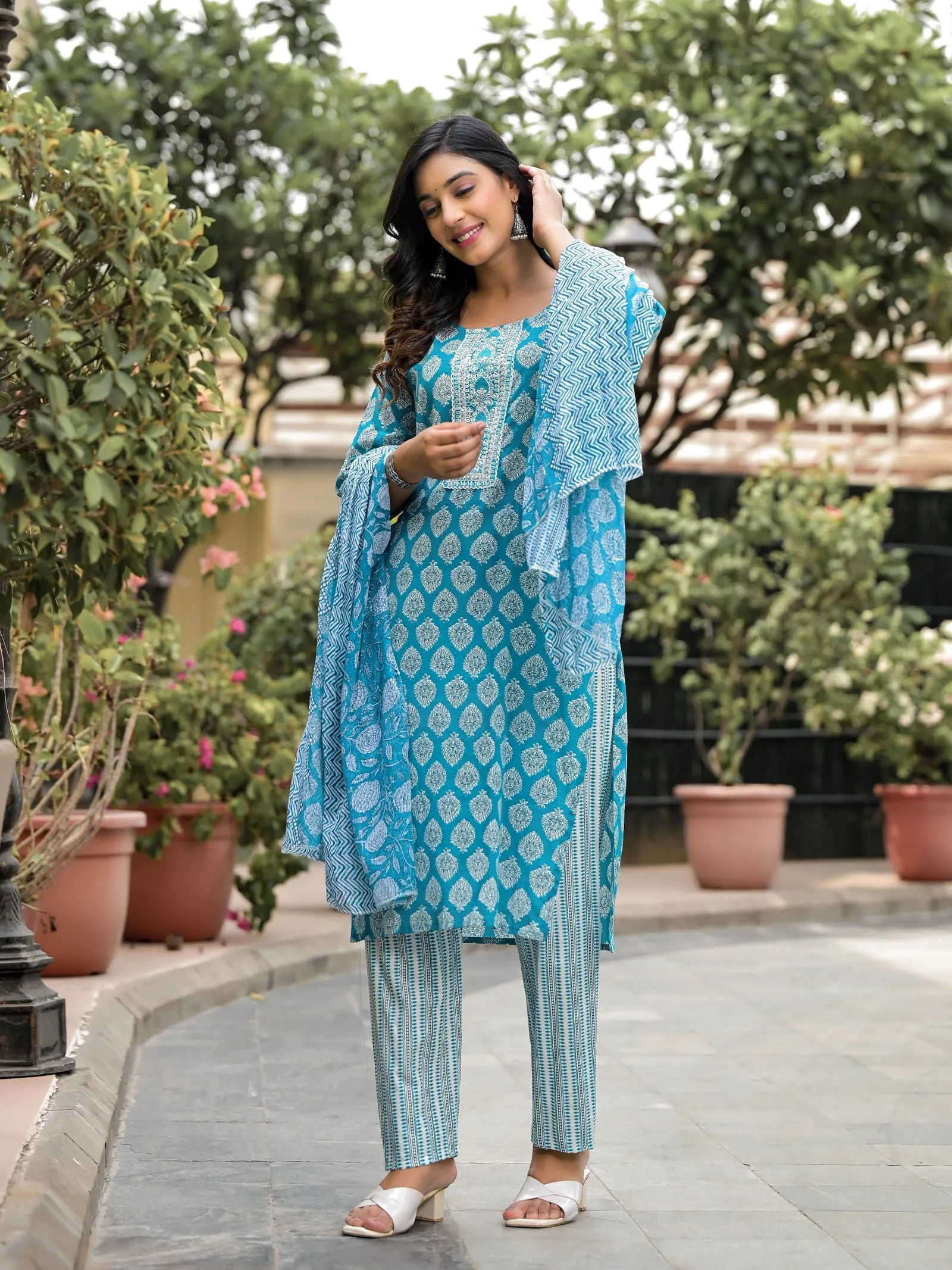 Jashvi Blue Ethnic Motif Printed Cotton Kurta, Pant And Dupatta Set With Zari Work