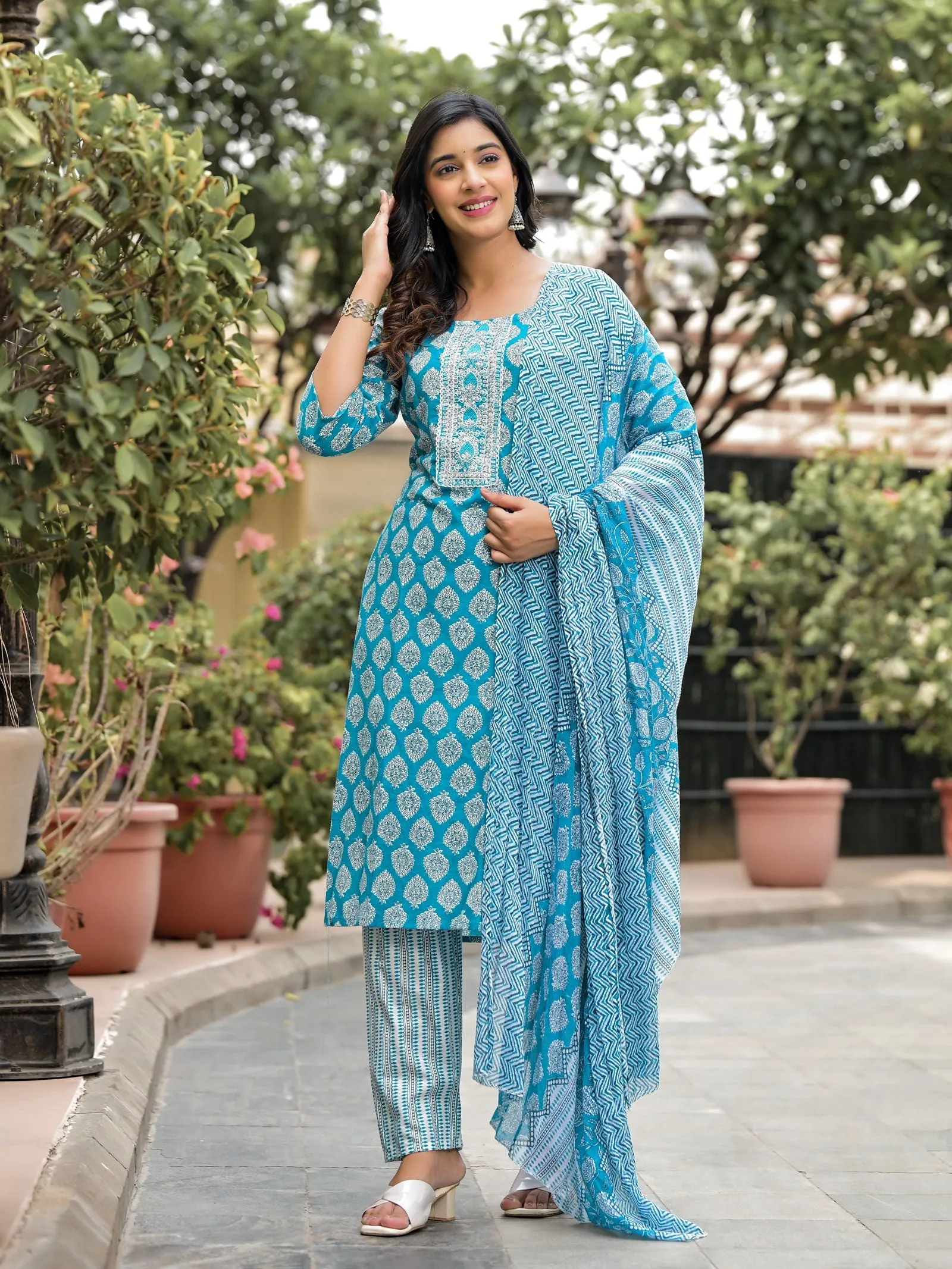 Jashvi Blue Ethnic Motif Printed Cotton Kurta, Pant And Dupatta Set With Zari Work