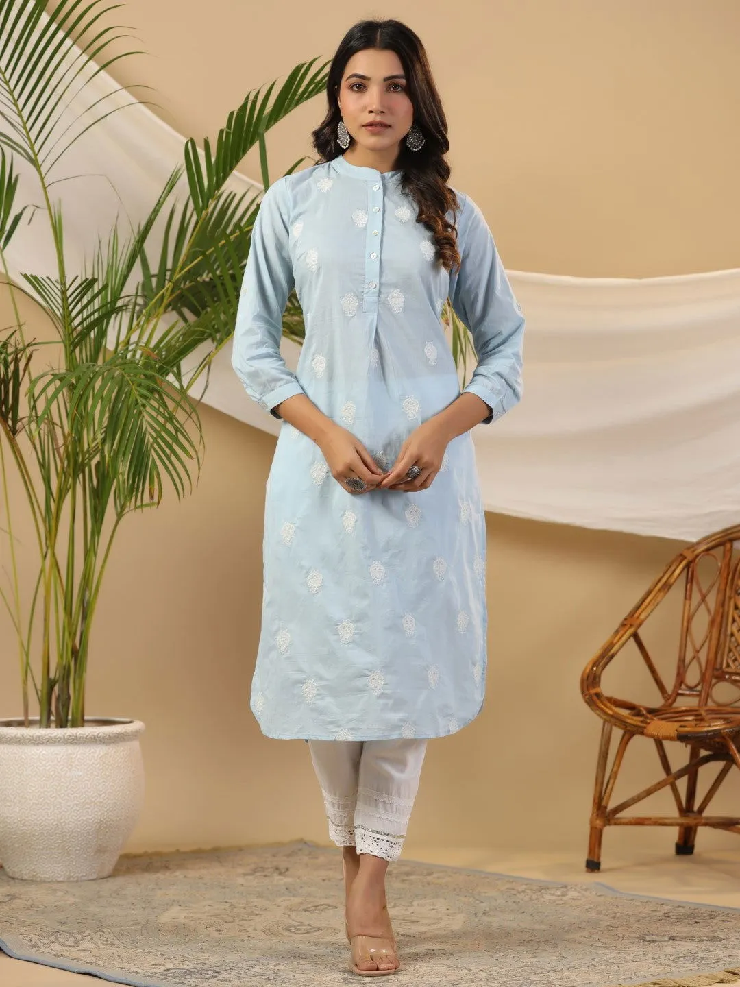 Jashvi Blue Ethnic Motif Printed Cotton Slub & Flex Kurta & Pants Set With Thread Embroidery