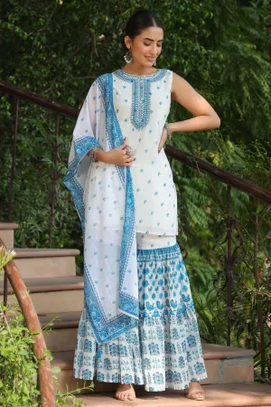 Jashvi Blue Ethnic Motif Printed Georgette Kurta Sharara & Dupatta Set With Thread Work Embroidery