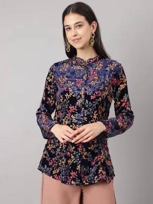 Jashvi Blue Floral Burn out Valvet A-line Shirts Style Top