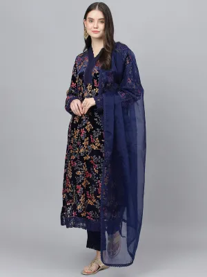 Jashvi Blue Floral Burn Out Velvet Kurta pant With Organza Dupatta set