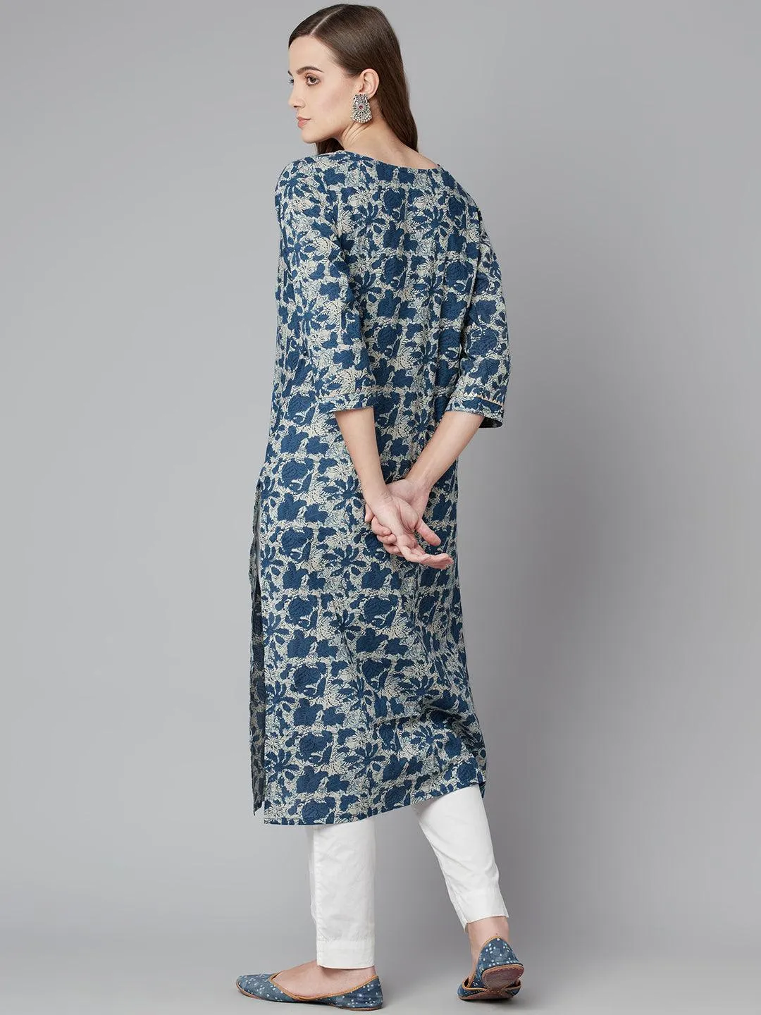 Jashvi Blue Floral Cotton Straight Kurta