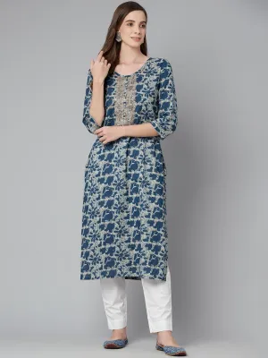 Jashvi Blue Floral Cotton Straight Kurta