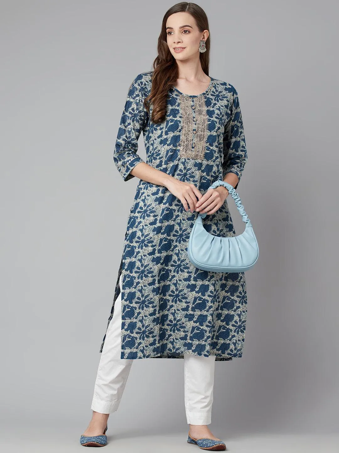 Jashvi Blue Floral Cotton Straight Kurta