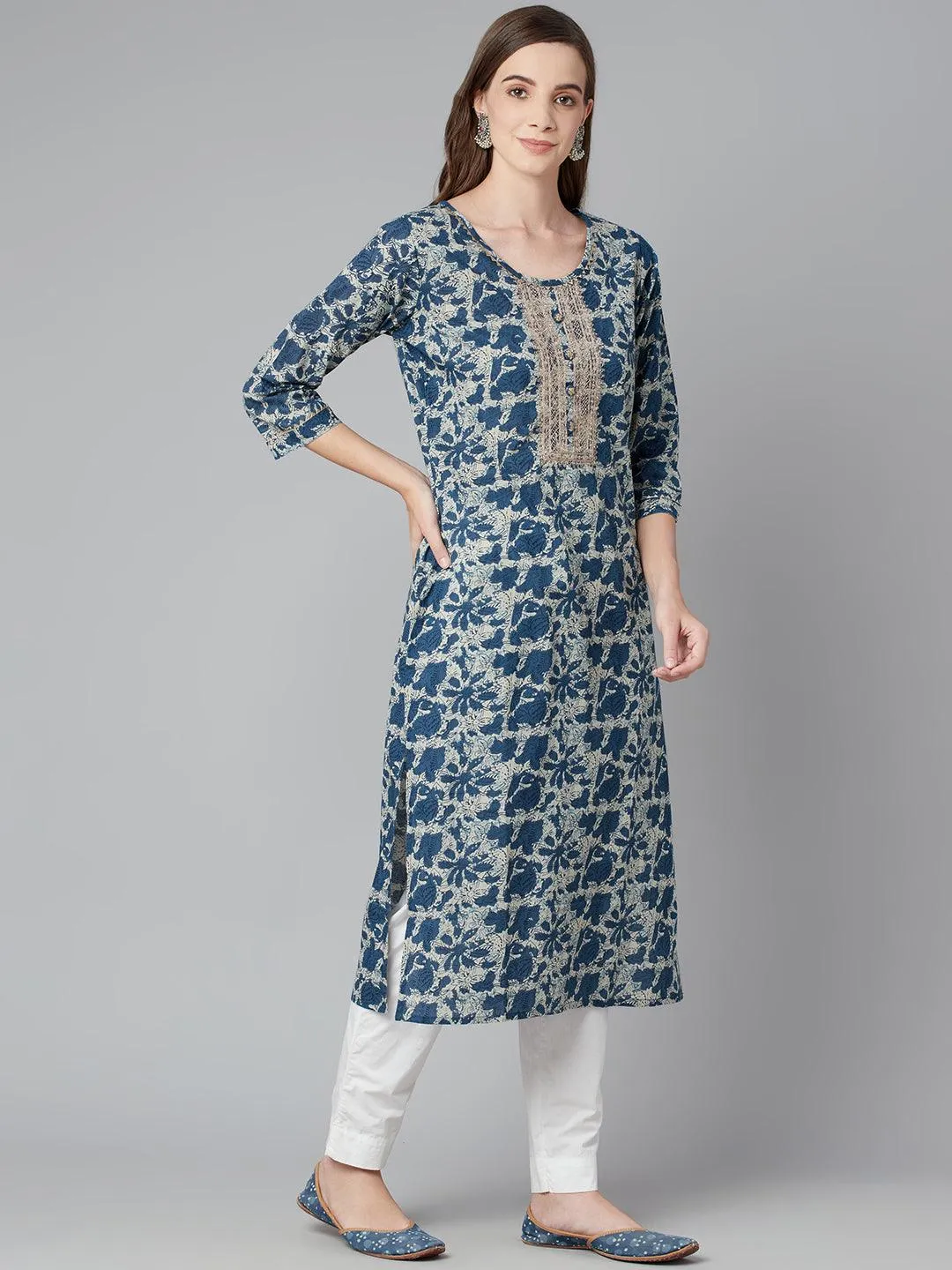 Jashvi Blue Floral Cotton Straight Kurta