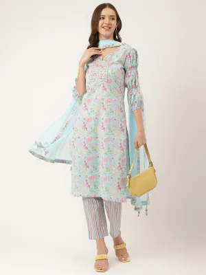 Jashvi Blue Floral Print Cotton  Kurta, Trouser With Dupatta