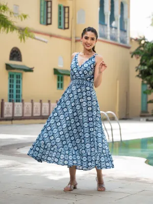 Jashvi Blue Floral Print Pure Cotton Fit & Flare Dress