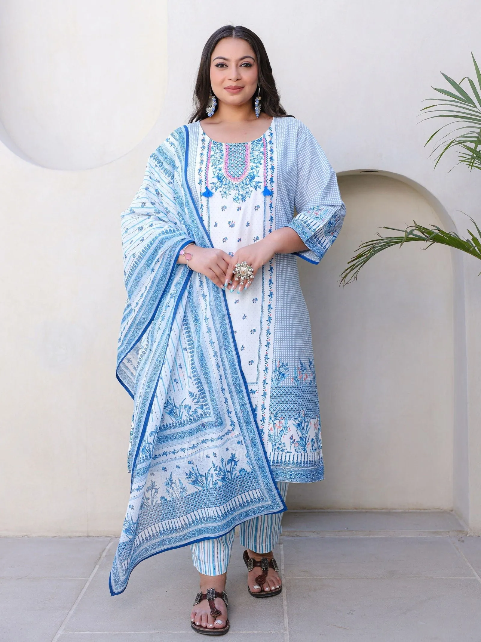 Jashvi Blue Floral Printed & Stripped Rayon Plus Size Kurta Pants & Dupatta Set With Beads & Sequins (3-Pcs)