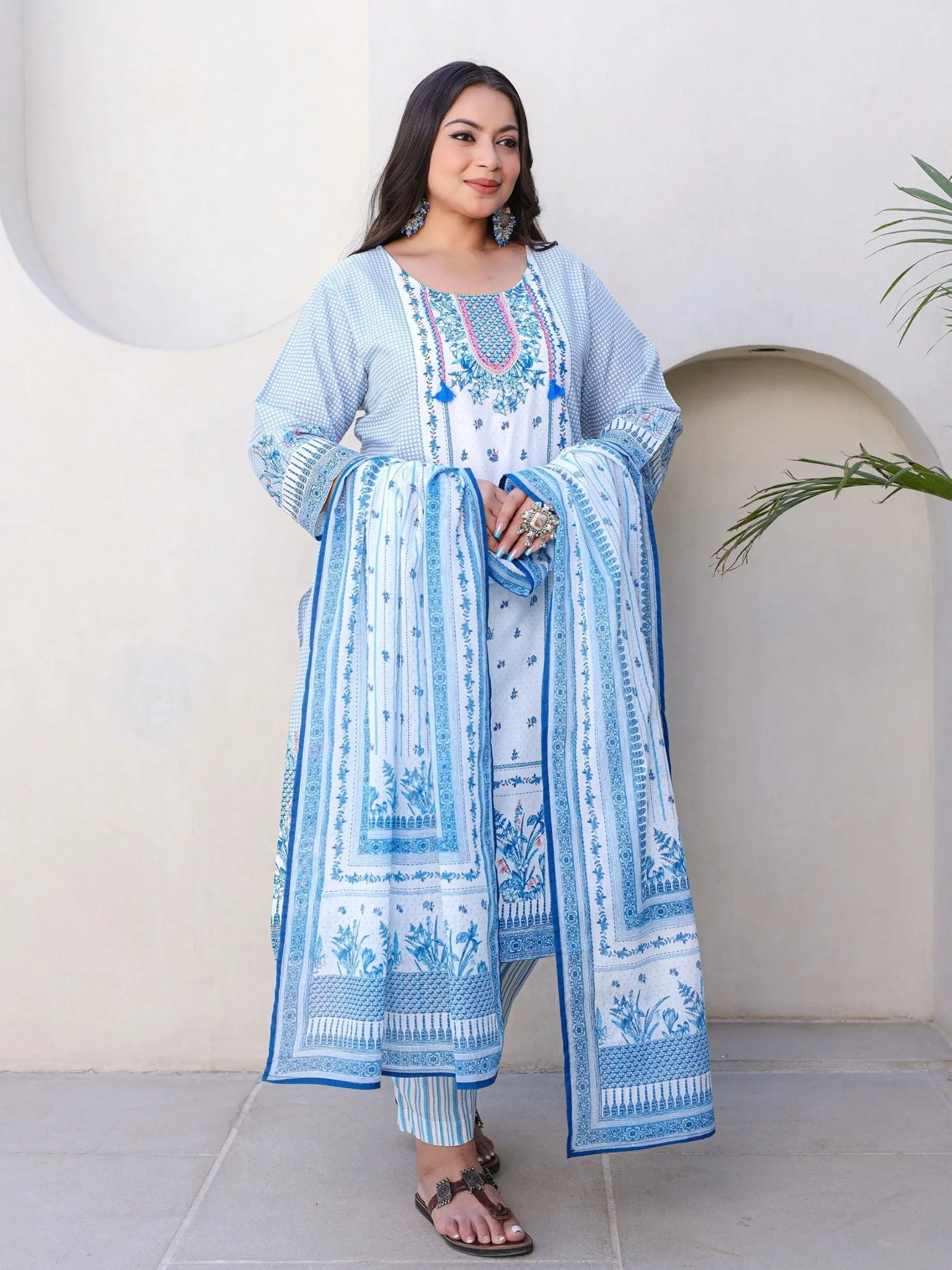 Jashvi Blue Floral Printed & Stripped Rayon Plus Size Kurta Pants & Dupatta Set With Beads & Sequins (3-Pcs)