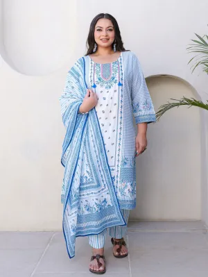 Jashvi Blue Floral Printed & Stripped Rayon Plus Size Kurta Pants & Dupatta Set With Beads & Sequins (3-Pcs)