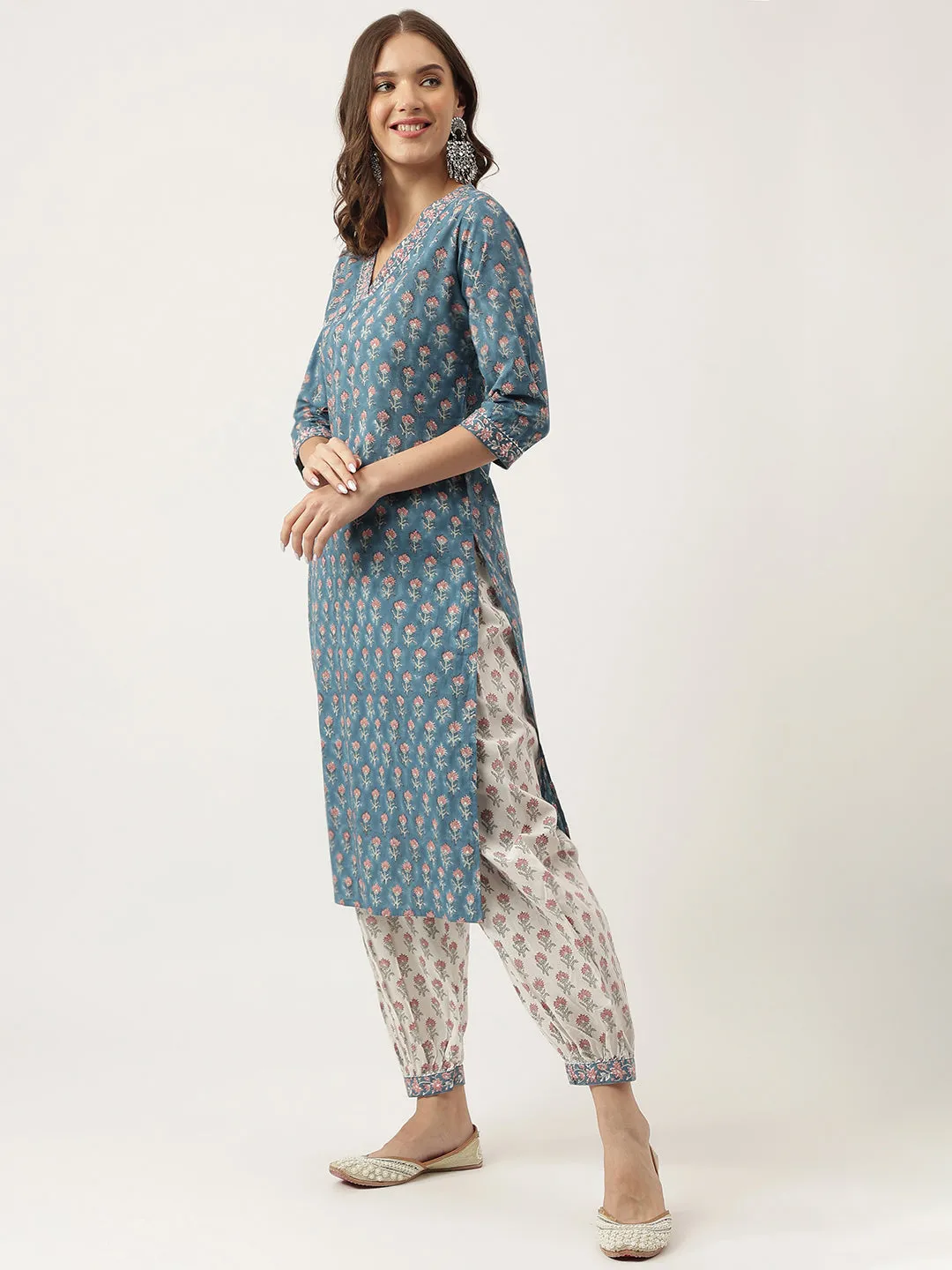 Jashvi Blue Floral Printed Cotton Embroidered kurta, Trouser with Dupatta