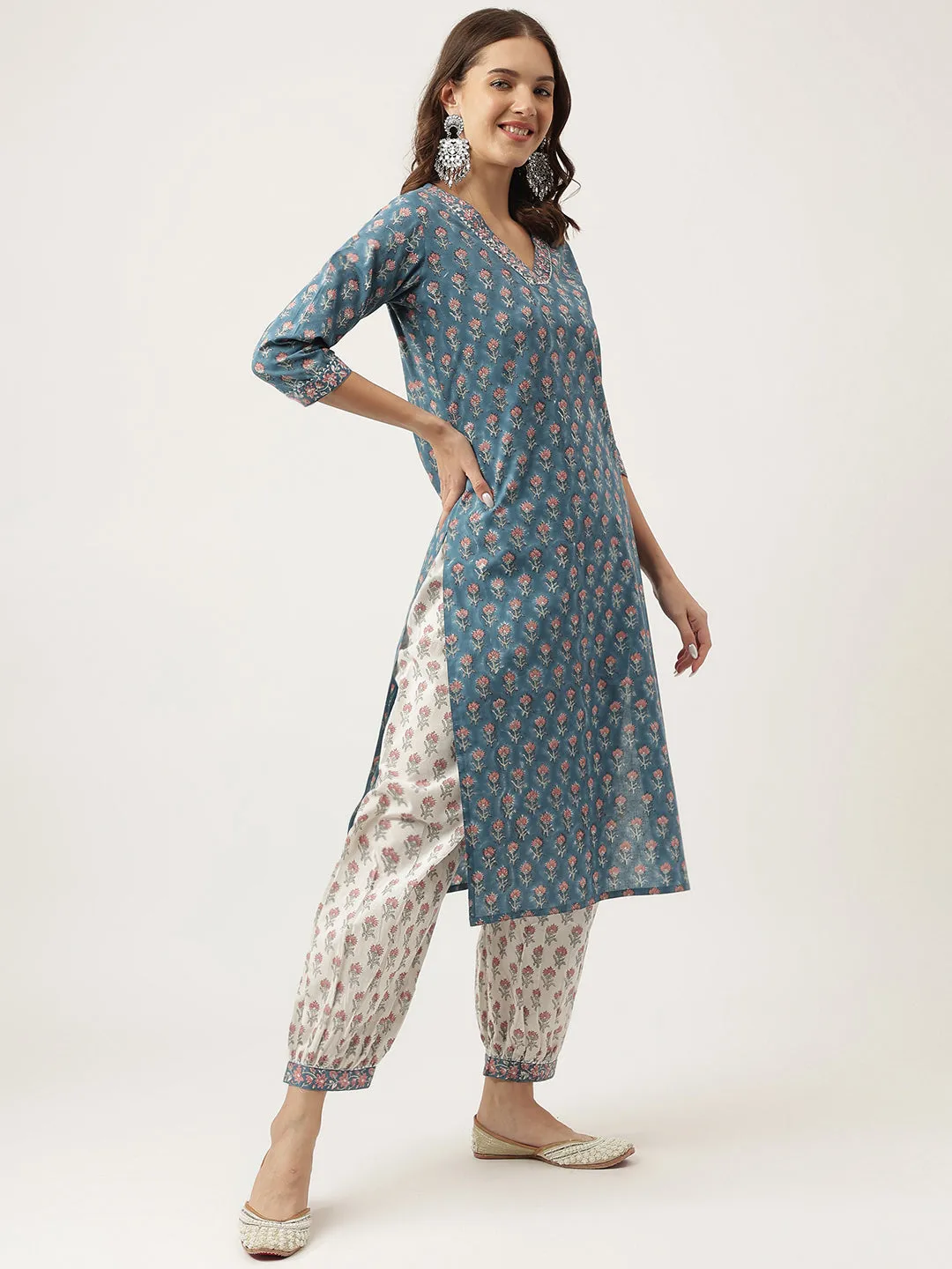 Jashvi Blue Floral Printed Cotton Embroidered kurta, Trouser with Dupatta