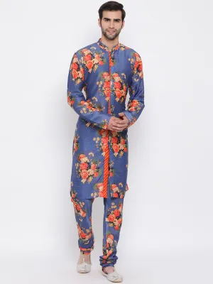 Jashvi Blue Floral Printed Kurta Pyjama Set With Leharia Border