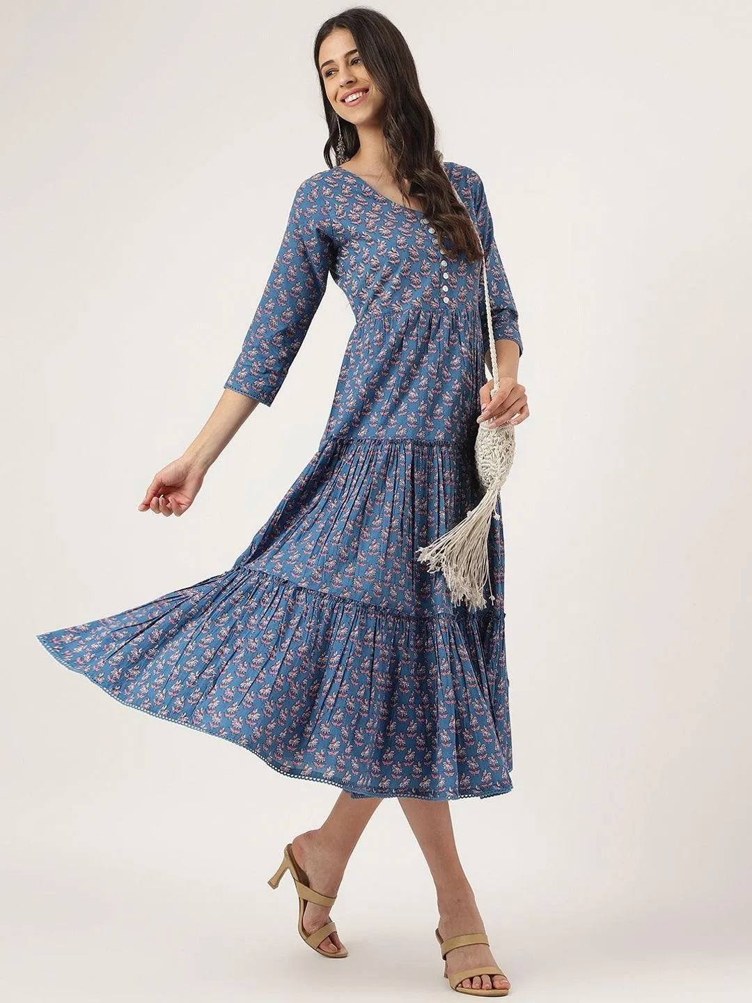 Jashvi Blue Floral Printed Long dress