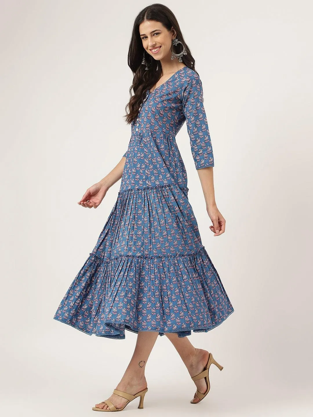 Jashvi Blue Floral Printed Long dress