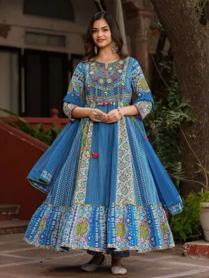 Jashvi Blue Floral Printed Pure Cotton Anarkali Kurta Pants & Dupatta Set With Thread Work