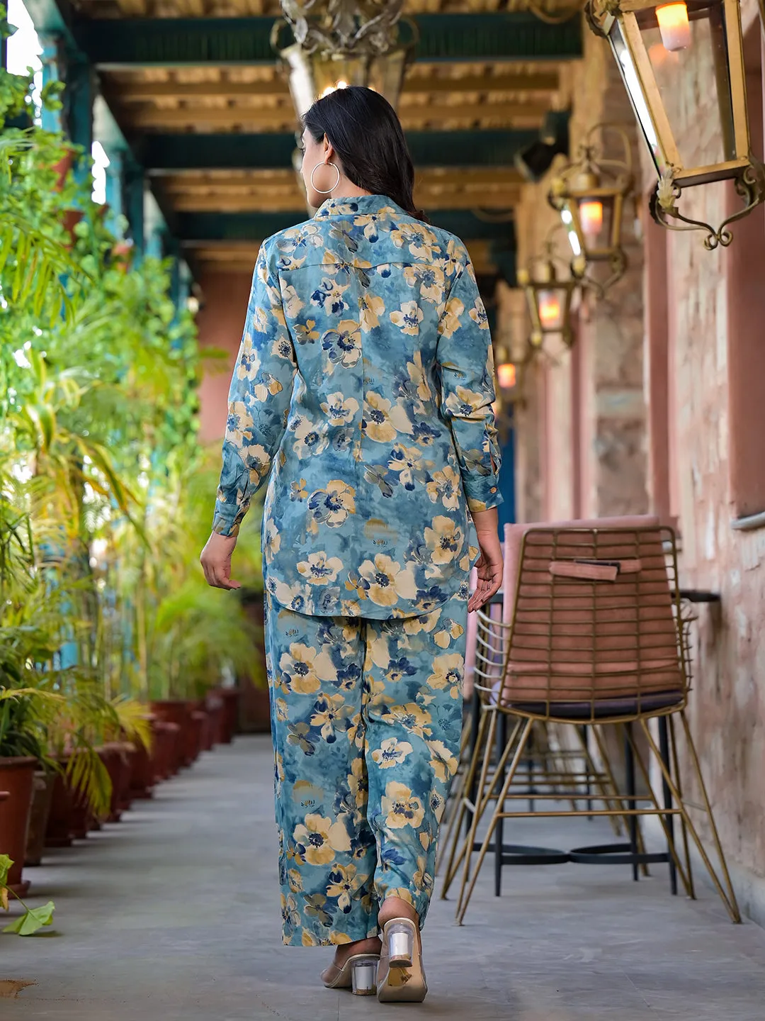 Jashvi Blue Floral Printed Rayon Co-ord Set