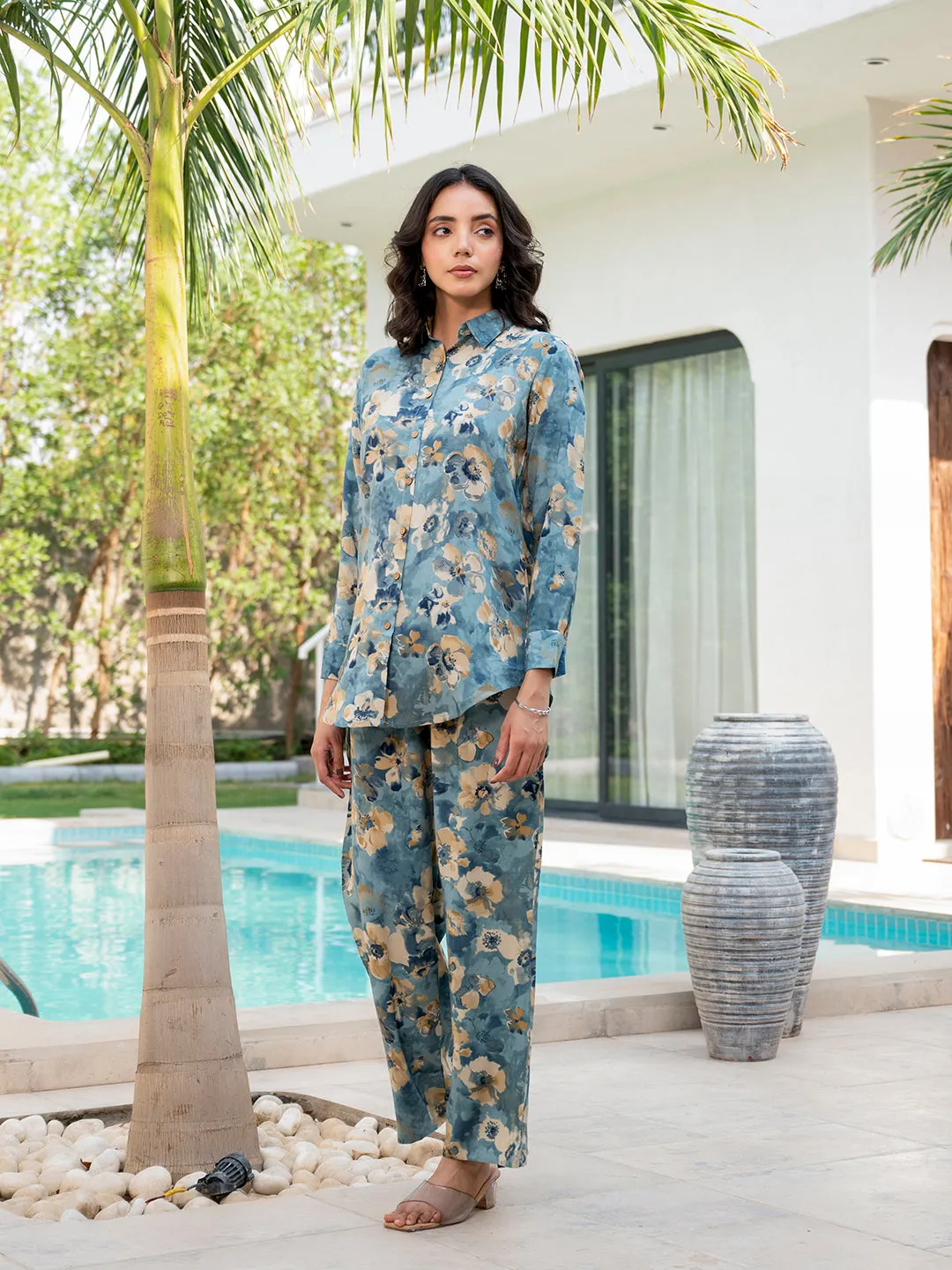 Jashvi Blue Floral Printed Rayon Co-ord Set