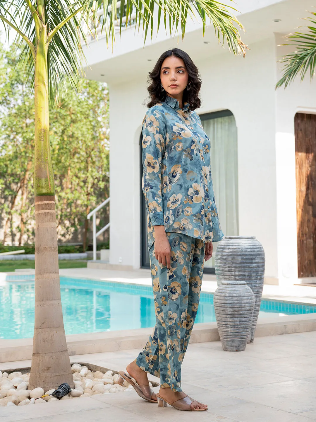 Jashvi Blue Floral Printed Rayon Co-ord Set