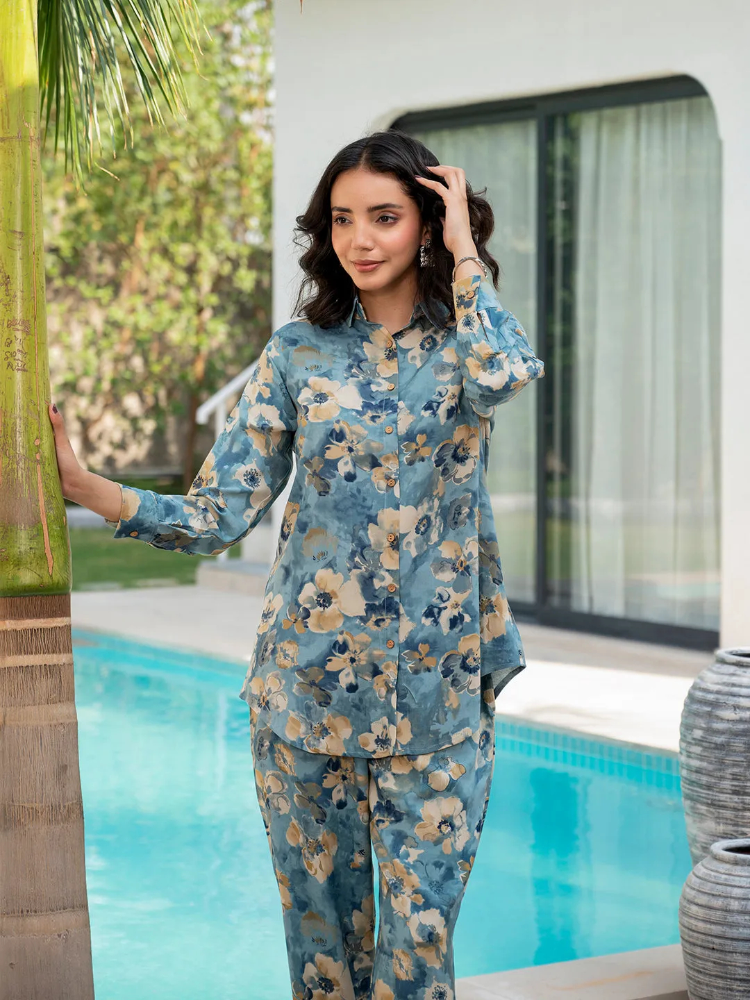 Jashvi Blue Floral Printed Rayon Co-ord Set