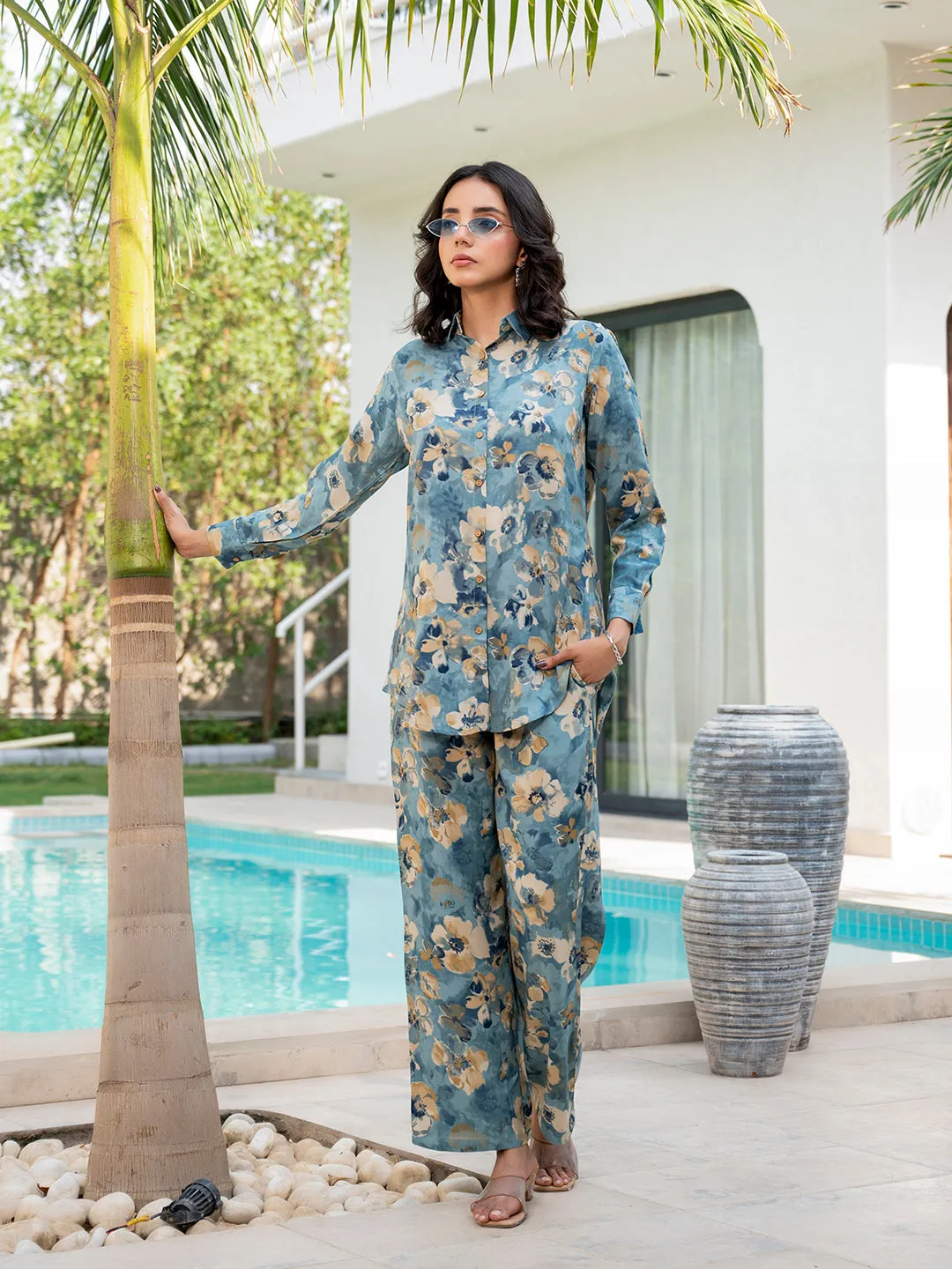 Jashvi Blue Floral Printed Rayon Co-ord Set