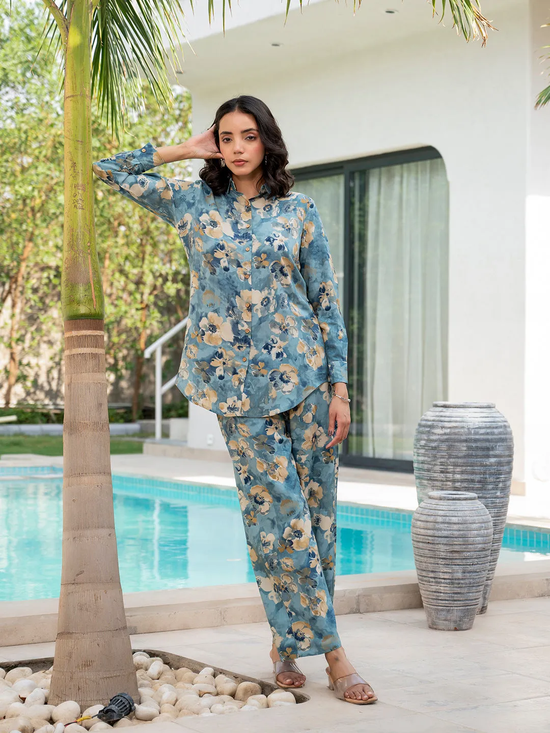 Jashvi Blue Floral Printed Rayon Co-ord Set