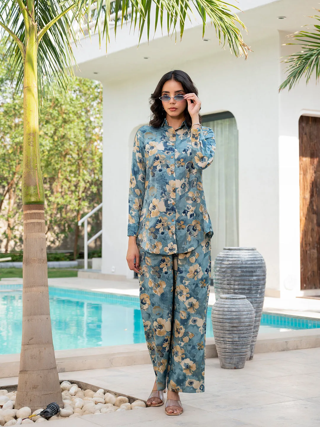 Jashvi Blue Floral Printed Rayon Co-ord Set