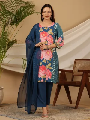 Jashvi Blue Floral Printed Rayon Kurta Pants & Dupatta Set With Sequins Work