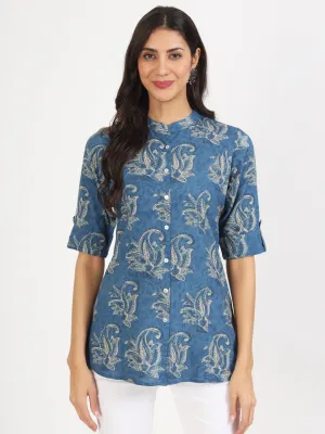 Jashvi Blue Floral Printed Rayon Top