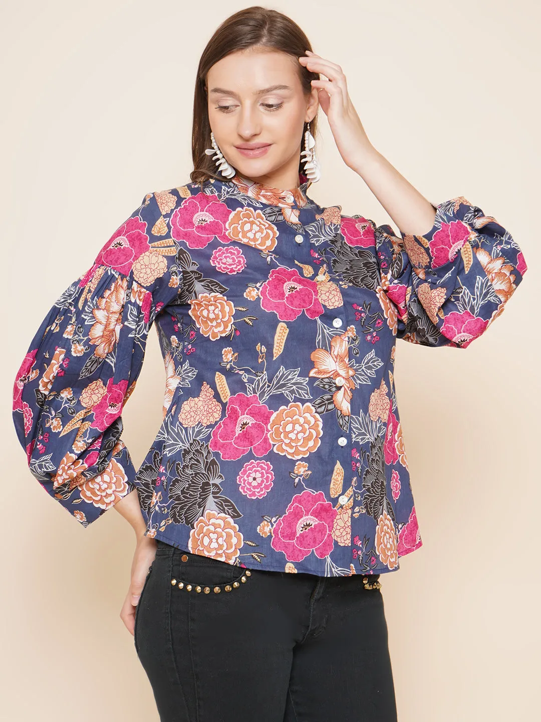 Jashvi Blue Floral Printed Shirt Style Top