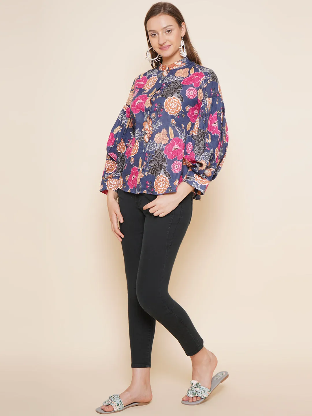 Jashvi Blue Floral Printed Shirt Style Top