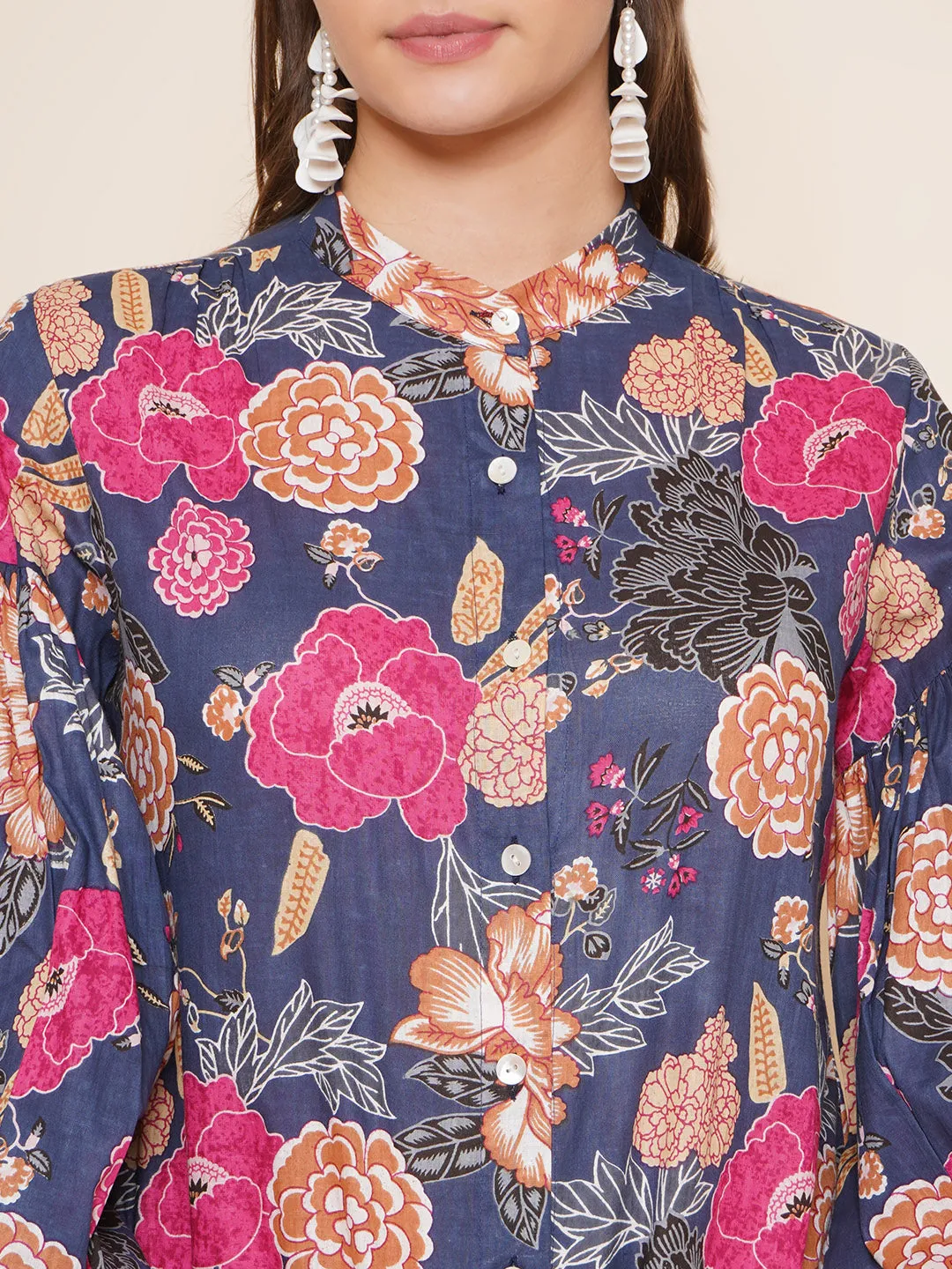 Jashvi Blue Floral Printed Shirt Style Top