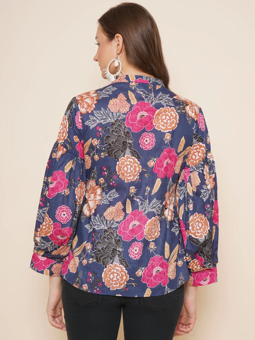 Jashvi Blue Floral Printed Shirt Style Top