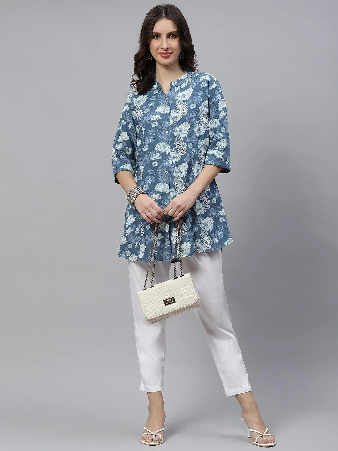 Jashvi Blue Floral Rayon A-lineTop