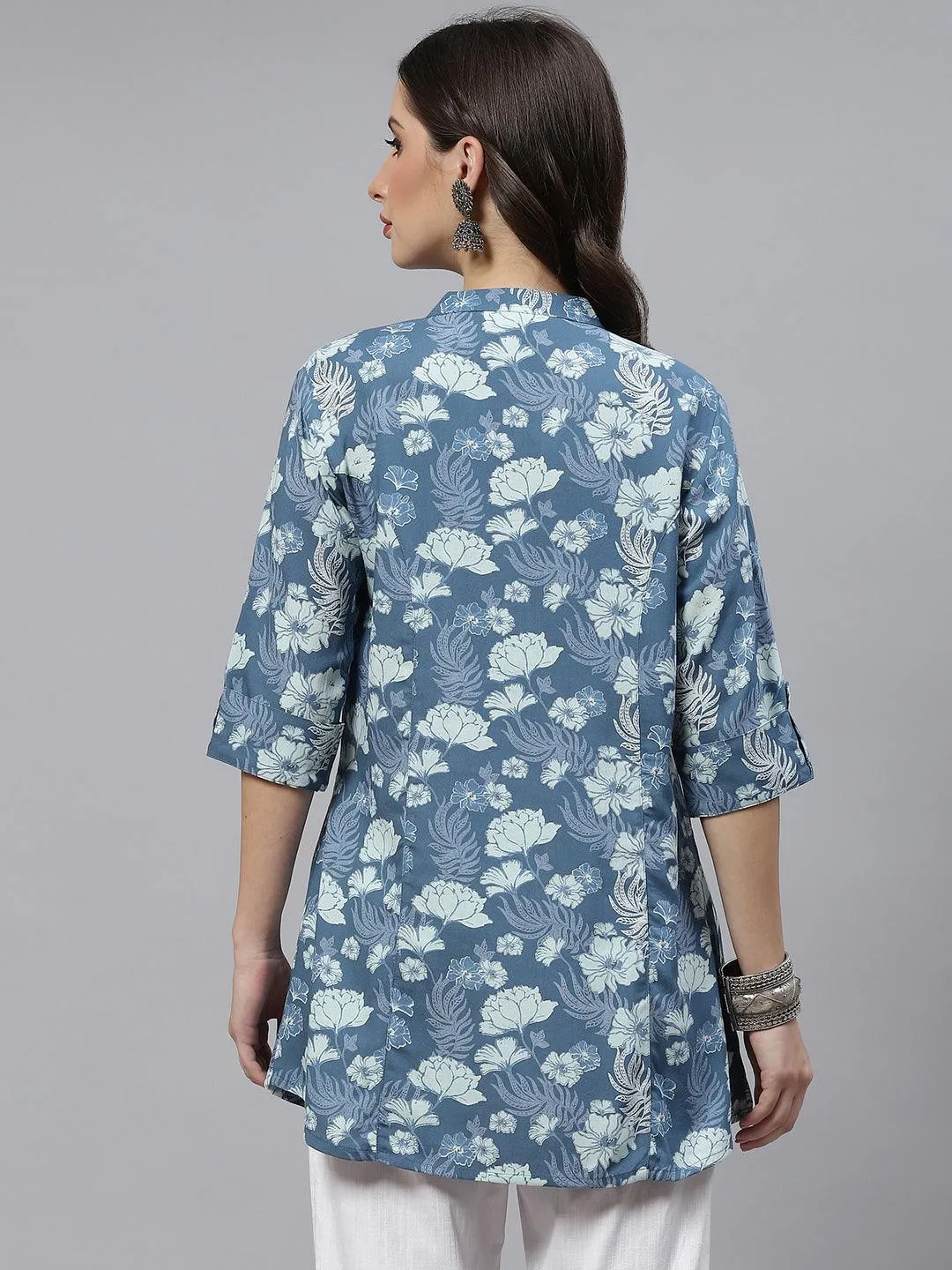 Jashvi Blue Floral Rayon A-lineTop