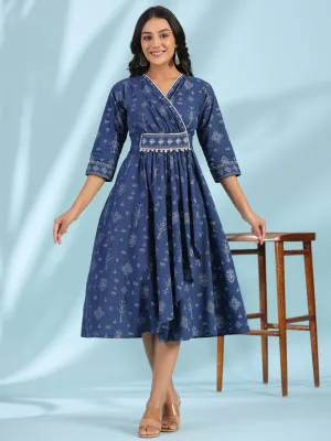 Jashvi Blue Geometric Printed Pure Cotton Midi Dress With Lace Work