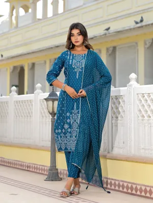 Jashvi Blue Geometric Printed Viscose Kurta, Pant And Dupatta Set With With Mirror Work